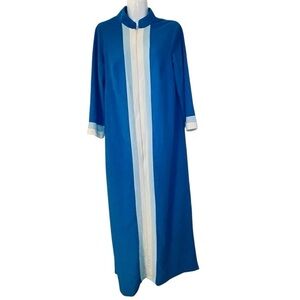 Vintage Sears At Home Wear Zip Front Blue White House Coat One Pocket Small